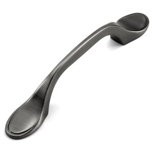May include: A dark gray metal cabinet pull with a brushed finish. The handle features a curved, arched design with two oval-shaped mounting bases at each end. The surface has visible linear graining throughout the length of the hardware piece.