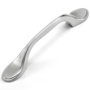 May include: A brushed silver metal cabinet pull with a curved, elongated handle design. The hardware features two oval-shaped mounting bases at each end, connected by a smooth, arched grip that tapers slightly toward the center of the piece.