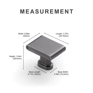 May include: A rectangular cabinet knob with a dark gray finish. The knob measures 1.37 inches long, 0.98 inches wide, and 1.04 inches high. The base is 0.71 inches long and 0.48 inches wide. The image includes the word "MEASUREMENT".