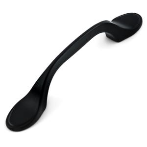 May include: A matte black cabinet pull with a curved, arched design. The handle features two flat, oval-shaped mounting ends that transition into a smooth, slender, and slightly tapered central grip, creating a continuous, flowing silhouette.