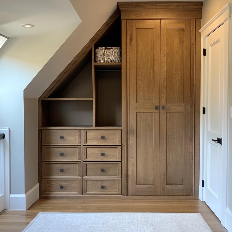 May include: A custom-built wooden closet with a sloped ceiling design. The closet features multiple drawers, shelves, and a tall cabinet with two doors. The wood has a natural, light brown finish, and the hardware is dark. A white door is visible on the right.