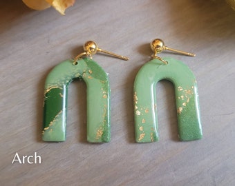Ireland Collection - Green and Gold Terrazzo Dangle Earrings - 1 Pair - Light Weight - Statement Earrings - Arch, Diamond, Geometric