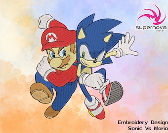 Diseño de Bordado de Maquina Sonic vs Mario. Diseño de bordado automático