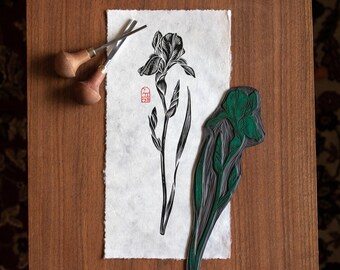 IRIS Black on Natural Original Linocut Print on Handmade Lokta Paper