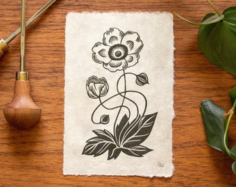 JAPANESE ANEMONE Black on Natural Open Edition Original Linocut Print