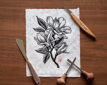 MAGNOLIA Original Linocut Print on Handmade Lokta Paper
