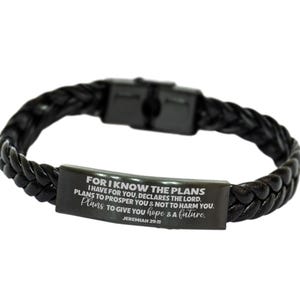For I Know The Plans I Have For You Bracelet, Jeremiah 29:11, Engraved Bible Verse Scripture Christian Gift, Braided Leahter Bracelet