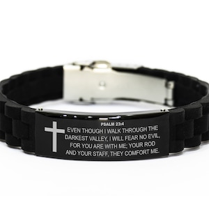 Psalm 23:4 Bracelet, Bible Verse Bracelet, Christian Bracelet, Christian, Dad Gift, Black Stainless Steel Silicone Bracelet, Gift For