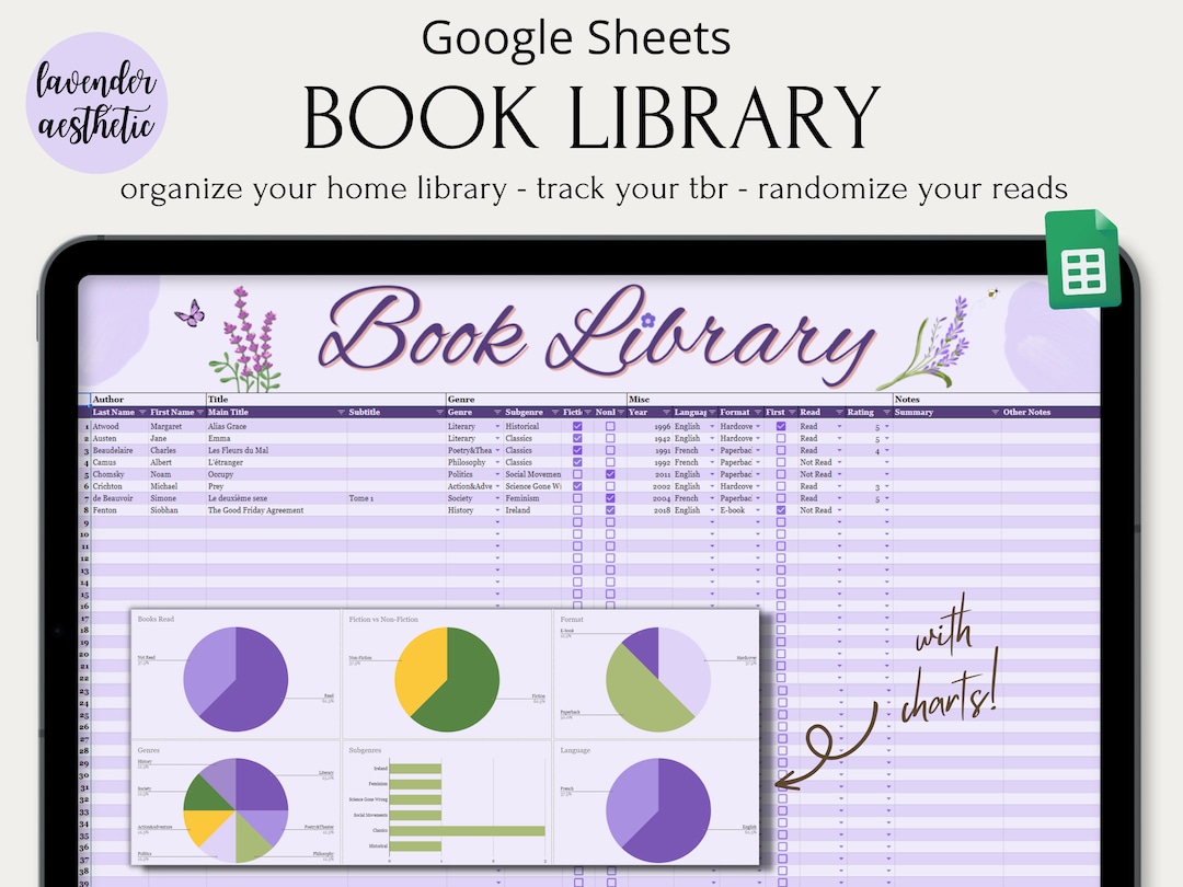 Lavender Book Library Google Sheets Template Catalogue Books Database