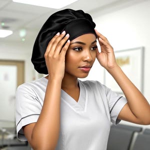 Reversible black pure silk surgical cap Adjustable bouffant scrub hat HANDMADE in USA