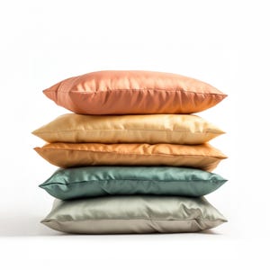 May include: A stack of five rectangular pillows in various colors: peach, yellow, orange, teal, and silver. The pillows are arranged in a neat pile, with each one slightly overlapping the one below.