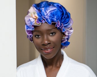 Lavender Indigo Reversible 100% Pure Silk Bonnet | Double layer 19 Momme Mulberry Silk Bonnet For Hair Protection