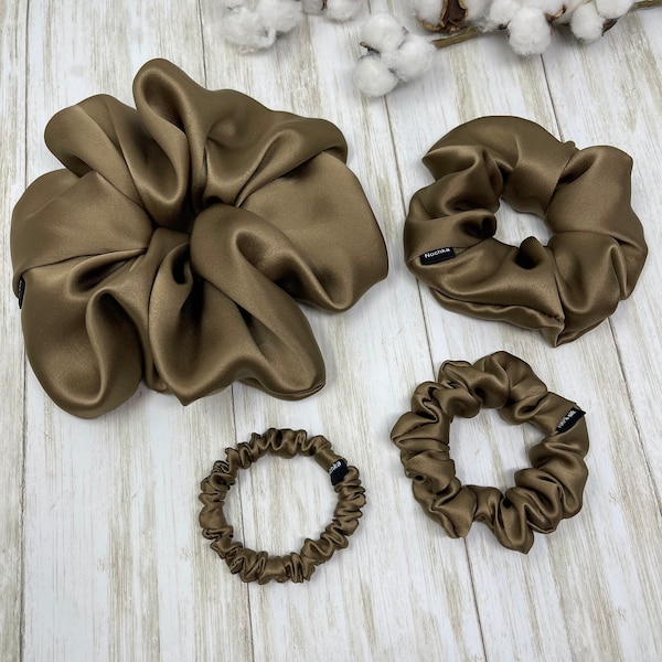 Latte Pure Mulberry Silk Scrunchies Giant Regular Skinny Ultra thin Organic Silk Hair Ties 19 momme 6A Grade