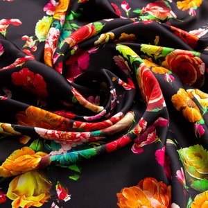 Floral on Black Print 100% Pure Mulberry Silk Fabric 19mm 54" Width