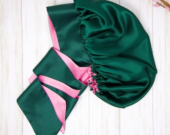 XL Hunter green and Pink reversible pure mulberry silk bonnet