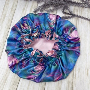 Double layer 100% Pure Silk Bonnet | Reversible Lollipop Print and pink 19 Momme 6A Grade Mulberry Silk Bonnet For Hair Protection