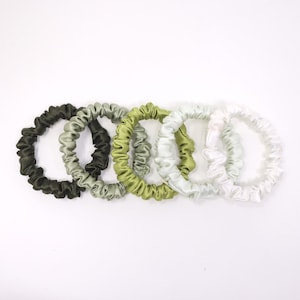 Avocado shades 100% mulberry silk scrunchies. Skinny size