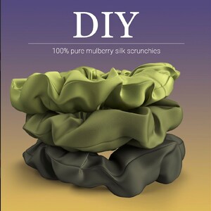 May include: Three DIY scrunchies made from 100% pure mulberry silk. The scrunchies are stacked on top of each other. The top two scrunchies are a light green color, and the bottom scrunchie is a dark green color.