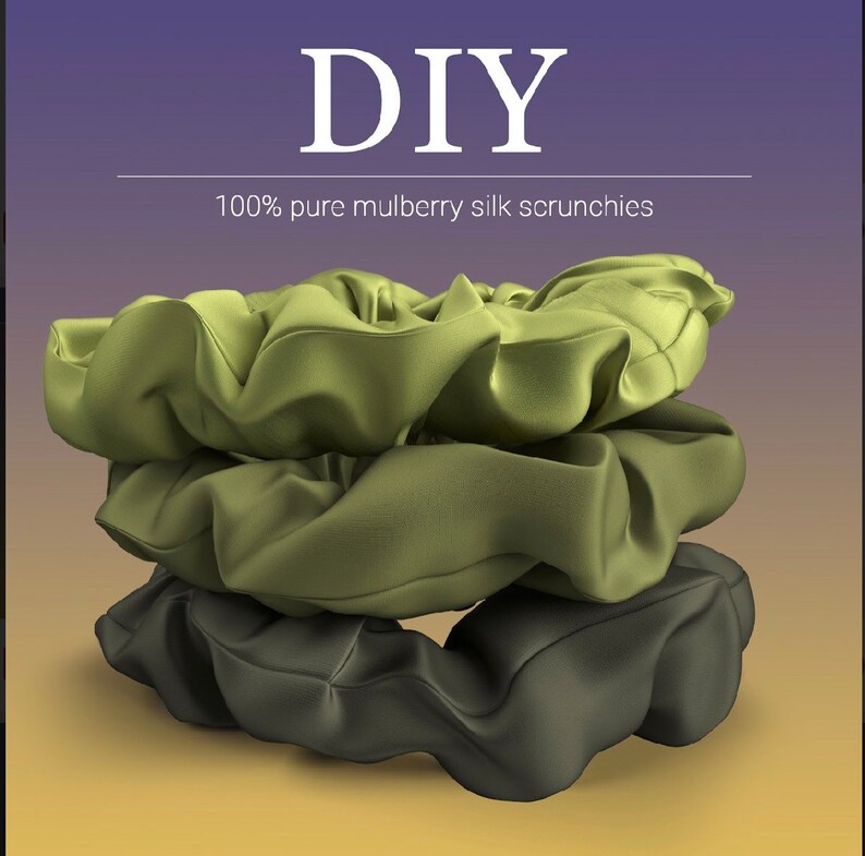 May include: Three DIY scrunchies made from 100% pure mulberry silk. The scrunchies are stacked on top of each other. The top two scrunchies are a light green color, and the bottom scrunchie is a dark green color.