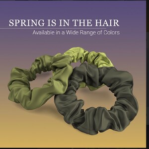 May include: Two scrunchies, one green and one dark green, made of soft fabric.  "SPRING IS IN THE HAIR" and "Available in a Wide Range of Colors" are written in white text on a purple background.