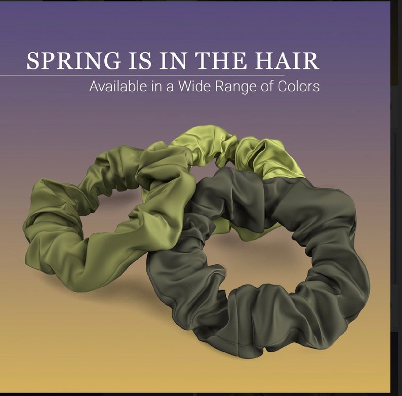 May include: Two scrunchies, one green and one dark green, made of soft fabric.  "SPRING IS IN THE HAIR" and "Available in a Wide Range of Colors" are written in white text on a purple background.