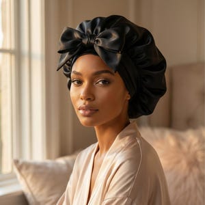 May include: A black satin bonnet with a large bow. The bonnet is worn by a person wearing a light beige satin robe. The background features a window and a soft, neutral-toned interior.