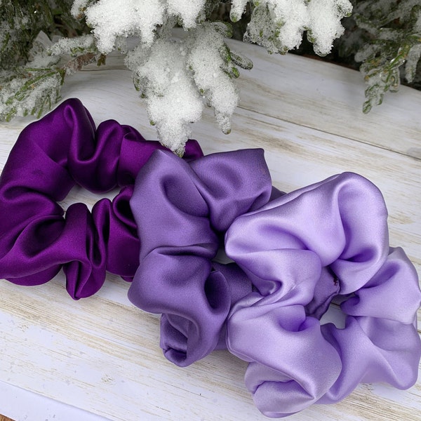 Pure Mulberry Silk Scrunchies. Deep Purple Iris Lavande Charmeuse Soie Cheveux Cravates