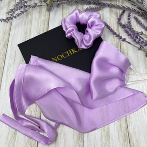 Lilac pure mulberry silk kerchief face mask and scrunchie 100% organic silk 19 momme 6A Grade