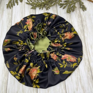 Reversible 100% Pure Silk Bonnet | Wild Rose and Olive Double layer 19 Momme Mulberry Silk Bonnet For Hair Protection