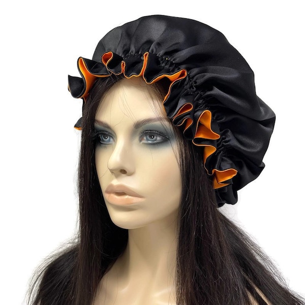 Autumn themed pure mulberry silk bonnet REVERSIBLE orange and black sleeping hat 19 momme 6A Grade