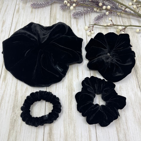 Black Velvet Pure Mulberry Silk scrunchies Jumbo, Regular, Skinny, Ultra skinny size