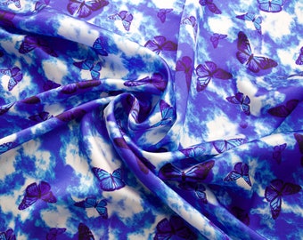 Blue Butterfly Print 100% Pure Mulberry Silk Fabric 19mm 54" Width