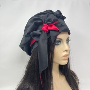 Reversible Black and Red 100% pure mulberry silk bonnet with ties