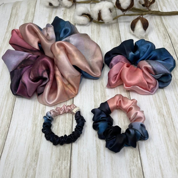 Tie-Dye 100% pure mulberry silk scrunchies Navy and Blush Giant Regular Skinny Ultra thin real silk hair ties