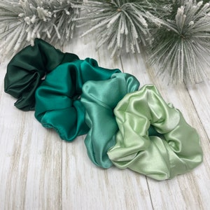 Medium Size Green Shades Pure Mulberry Silk Scrunchies made with 19 Momme 6A Grade Luxury Hair Ties