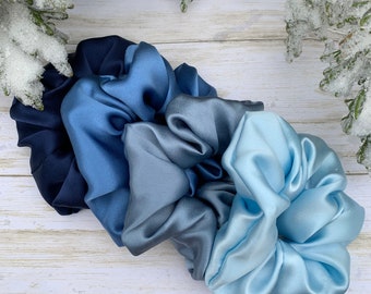 Medium Size Blue Shades  Pure Mulberry Silk Scrunchies made with 19 Momme 6A Grade Luxury Hair Ties