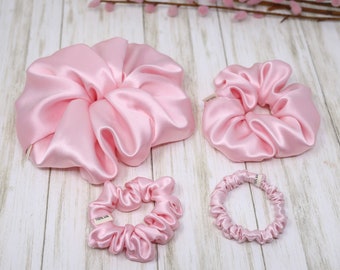 Light Pink Jumbo Regular Skinny Ultra Thin Pure Mulberry Silk Scrunchies | Choose your size