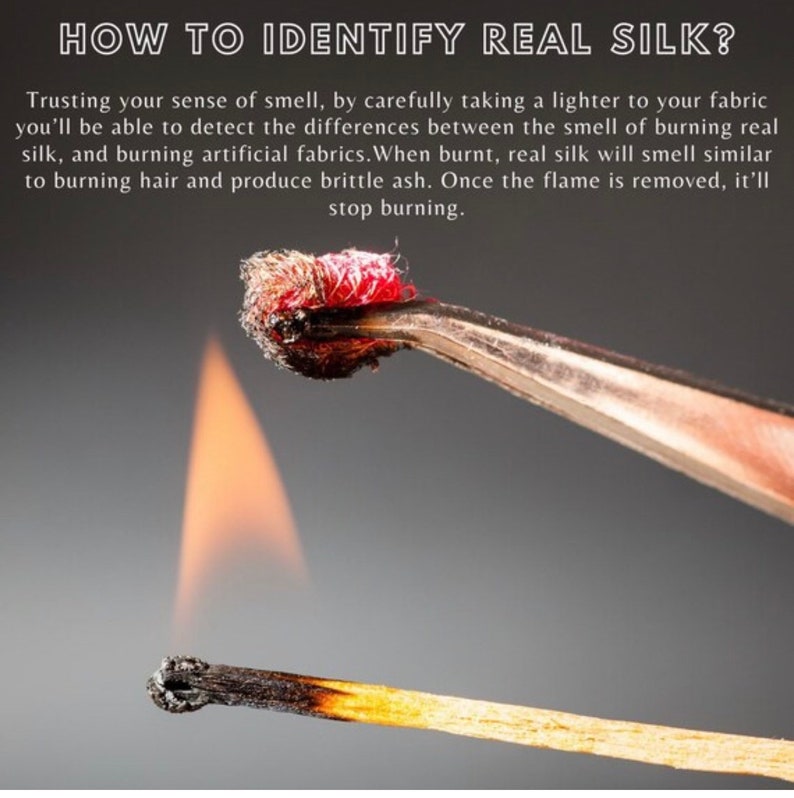 May include: A close-up of a match being held with tweezers and lit on fire. The flame is orange and the match is burning. The text "HOW TO IDENTIFY REAL SILK?" is at the top of the image.