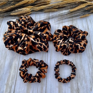 Leopard Print Pure Mulberry Silk Scrunchies | Jumbo Regular Skinny Ultra Thin Real Silk Hair Ties 19 Momme 6A Grade | Choose your Size