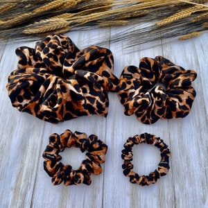 Leopard Print Pure Mulberry Silk Scrunchies | Jumbo Regular Skinny Ultra Thin Real Silk Hair Ties 19 Momme 6A Grade | Choose your Size