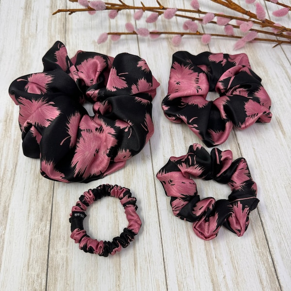 Rose Gold on Black 100% pure mulberry silk scrunchies Giant Regular Skinny Ultra thin hair ties HANDMADE in USA