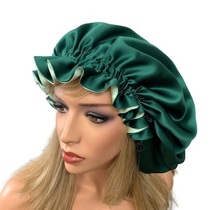 Hunter Green and Sage Reversible 100% Pure Silk Bonnet | Double layer 19 Momme Mulberry Silk Bonnet For Hair Protection