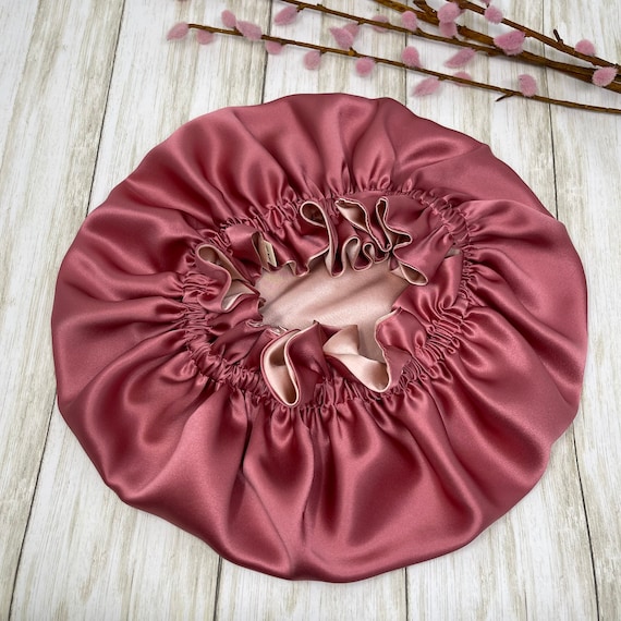 Cuffia in raso per dormire, grande, in seta, con fascia stampata e scrunchies, cuffia da doccia da donna per capelli ricci (rosa