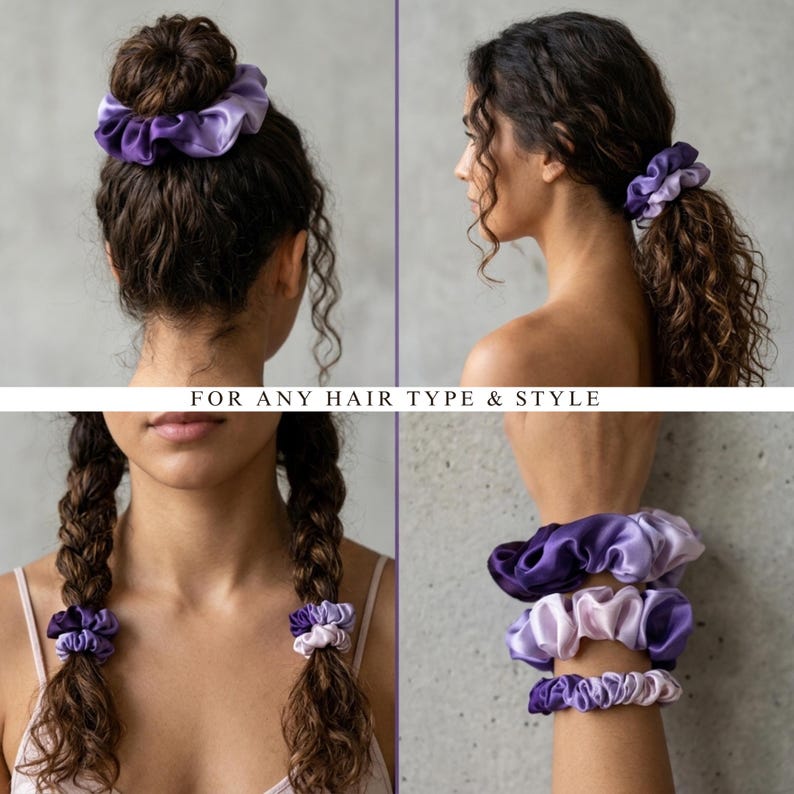 May include: A set of ombre purple hair scrunchies featuring a smooth, satin-like finish that transitions from deep violet to light lavender. The scrunchies are shown styled in a bun, a ponytail, and two braids, with the text FOR ANY HAIR TYPE & STYLE.