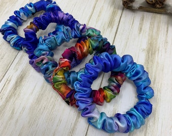 Tie Dye 100% mulberry silk scrunchies Vibrant colors natural silk skinny hair ties 19 Momme 6A Grade silk mini hair ties Choose your color