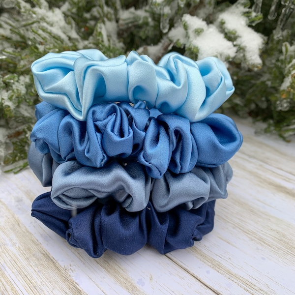 Blue Shades 100% Pure Mulberry Silk Skinny Scrunchies