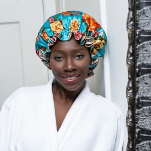 Vintage Peônias e Champanhe Reversível 100% Seda Pura Bonnet | Camada dupla 19 Momme Mulberry Silk Bonnet para proteção do cabelo