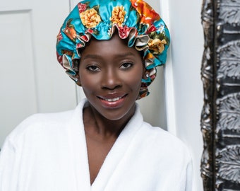 Reversible Mulberry Silk Bonnet: Vintage Peonies Print, Hair Protection