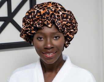 Reversible 100% Pure Silk Bonnet | Cheetah and Black Print Double layer 19 Momme Mulberry Silk Bonnet For Hair Protection