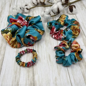 Luxury Vintage Peony on Aqua 100% pure mulberry silk scrunchies Giant Regular Skinny Ultra thin real silk hair ties